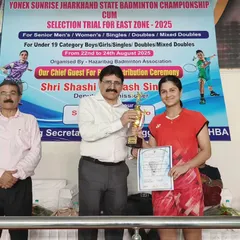 Celebrating a major win at the Yonex Sunrise Jharkhand State Badminton Championship. Here, Sara receives her trophy after a dominant performance, securing her selection for the East Zone trials.