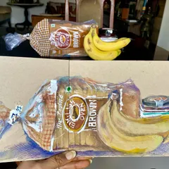 My Sunday morning looks like this: grabbing things from the breakfast table and sketching them. A mixed media still life of a loaf of bread, bananas, and jam on tanned paper.