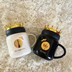 Another view of our popular "Mr. Right" and "Mrs. Always Mine" mugs with their signature crown lids. These are perfect for adding a playful and romantic touch to any gift.