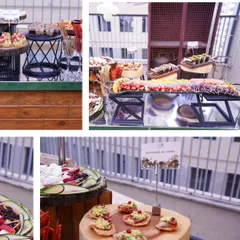 Another collage showcasing a complete event spread. You can see our Avocado Sev Puri, fruit skewers, and other appetizers arranged on a multi-level display for a dynamic presentation.