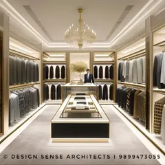 This 3D render shows another concept for a high-end menswear store. The design uses integrated lighting in the shelves, a central display island, and a symmetrical layout to create a feeling of order, luxury, and exclusivity.