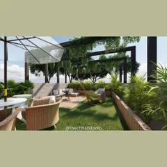 This terrace landscape design transforms an outdoor area into a functional and beautiful retreat. It includes a pergola for shade, comfortable lounge seating, and dedicated dining space, all surrounded by lush greenery to create a private oasis.