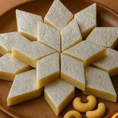 The classic Kaju Katli, made the traditional way. I use only the finest cashews to create this smooth, melt-in-your-mouth barfi, a timeless favourite for any celebration or gift.