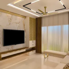 A 3D render of the TV unit wall, allowing the client to visualize the combination of marble-finish panels, golden accents, and lighting.