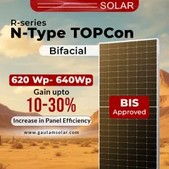 Our R-series N-Type TOPCon Bifacial panels deliver a power output of 620Wp to 640Wp. These BIS-approved modules can increase panel efficiency by up to 30% through bifacial gain, maximizing energy generation for utility-scale projects.