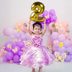 Leveling up to TWO! This butterfly-themed second birthday shoot is filled with purple and pink balloons, capturing the magical transition into toddlerhood with style and a big smile.