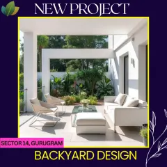 A new backyard design project for a residence in Sector 14, Gurugram. The design features a clean, modern aesthetic with a covered patio, comfortable white furniture, and a backdrop of lush tropical plants.