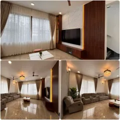 Ready to upgrade your living room? This collage shows a TV unit with clean lines and a sleek design, combining a marble-finish back panel with wooden rafters and profile lighting for a modern and sophisticated look.
