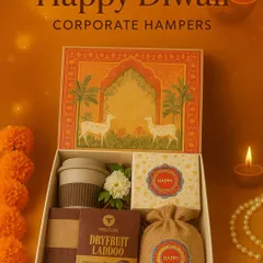 Corporate gifting should feel special, not just formal. This elegant Diwali corporate hamper is one of our favorites, featuring a mix of traditional sweets like dry fruit laddoos and modern essentials like a reusable coffee mug, all packed in an artfully designed box.