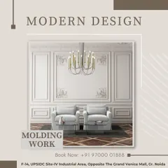 An example of modern design using classical molding work. The clean lines of the wall panels, created with our precision-cut molding, add a sophisticated, timeless elegance to this contemporary living space.