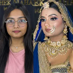 Before and after of my signature Rajputi bridal look. The transformation focuses on creating a royal and timeless look with bold eyes and perfectly matched skin tone, making the bride look absolutely regal in her blue attire.