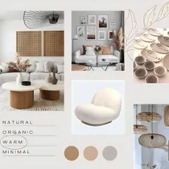 This mood board explores a minimal, warm, and organic design direction. It combines natural materials like rattan and light wood with soft, neutral colors and simple forms to create a sense of calm and elegance.
