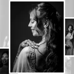 This black and white collage focuses on the bride's happy, candid moments. Her smile and the details of her henna-covered hand are beautifully highlighted.