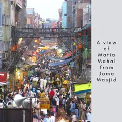 A view of the crowded Matia Mahal market from Jama Masjid. This vibrant scene captures the essence of Old Delhi, where life, commerce, and history are densely interwoven.
