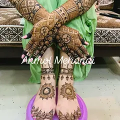 I create complete bridal looks with matching designs for hands and feet. This set features intricate geometric patterns on the arms and beautiful circular mandalas on the feet, personalized with the couple's initials.