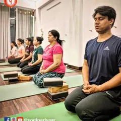 A moment of shared stillness in our Dhyan (meditation) session. Our students are seated in Vajrasana, using blocks for support, as they focus inward. This disciplined yet peaceful environment is essential for cultivating mental clarity and calm.