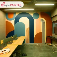 Your office doesn't have to be boring. We create inspiring workspaces with custom wall art, like this vibrant boho-style mural, designed to boost creativity and make your commercial space stand out.