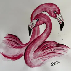 A simple and elegant watercolor painting of two flamingos. Their intertwined necks form a heart shape, making this a lovely piece about love and companionship.