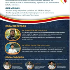 Meet our directors and coaches. This brochure page outlines our vision, mission, and the experienced team dedicated to guiding our gymnasts to excellence.