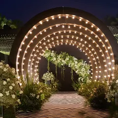 I designed this dramatic, modern tunnel entrance for a sangeet in Goa. Lined with warm globe lights and flanked by lush white florals, it created a spectacular 'wow' moment for guests as they arrived.