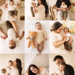 A collection of happy moments. This collage showcases the variety of shots we can get in a milestone session, from playful candids to sweet family portraits.