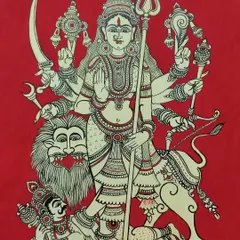 A powerful depiction of Goddess Durga in the Kalamkari style, rendered on a vibrant red background. This A4-sized artwork, created with acrylic and poster colors, is available for purchase.