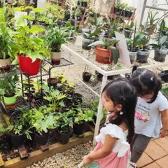 The children navigate through the aisles of the plant nursery, observing the vast variety of plants and flowers.