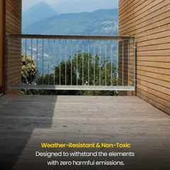 This is our Thermopine wood cladding on a balcony with a mountain view. It's designed to be weather-resistant and is non-toxic, so it can withstand the elements without releasing any harmful emissions, keeping your space safe and beautiful.