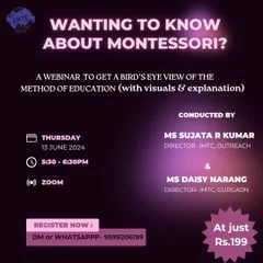 Are you curious about what the Montessori method really is? We are hosting an introductory webinar to give you a bird's eye view of this unique educational approach, complete with visuals and simple explanations. Join us to get your questions answered.