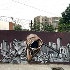A collaboration piece called 'AFTER LIFE LETTERS'. My contribution includes the realistic bird skull and the mechanical, anti-style graffiti elements in the background.