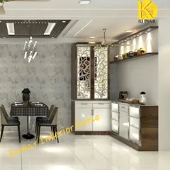 This design integrates a pooja unit into the corner of a dining area. The mandir has elegant jali doors and is combined with a crockery unit, showcasing our skill in creating multi-functional furniture.