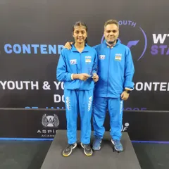 Another milestone on the world stage. I am with our player Janvi Garg after she won the Silver Medal at the World Table Tennis (WTT) event in Doha, Qatar.