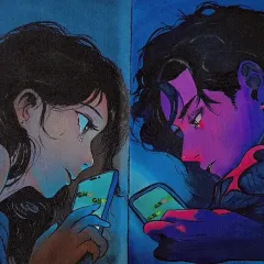For fans of anime and modern love stories, I create custom commissions like this one. It captures the bittersweet emotion of a long-distance relationship, using vibrant colors and an expressive manga style to tell a personal story on canvas.