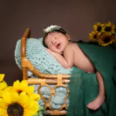 A happy, sleeping baby girl rests in a miniature bed surrounded by bright yellow sunflowers. This setup uses natural elements and warm lighting to create a cheerful and heartwarming portrait.