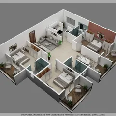 A 3D floor plan is an essential tool for understanding the layout and flow of a space. This render shows the proposed layout for a 3BHK luxury flat, complete with furniture placement, giving a clear and intuitive overview of the entire home.