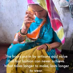The hours put in by artisans add value that fast fashion can never achieve. What takes longer to make, lasts longer to wear. Here, an artisan is focused on her intricate embroidery work.