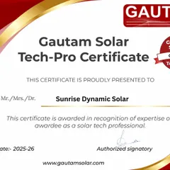 Your solar system is a technical investment, and expertise matters. I am proud to be a Gautam Solar certified Tech-Pro, which recognizes my professional expertise in solar technology and commitment to quality service.