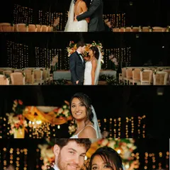 A collage of a couple's reception, showing their romantic dance, portraits, and the beautifully lit decor of the evening.