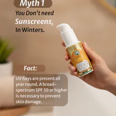 Myth 1: You don't need sunscreen in winters. This is a fact check. UV rays are present all year round, and a broad-spectrum SPF 30 or higher is necessary to prevent skin damage, even on cloudy days.