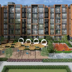 This courtyard playground at Casagrand Southbrooke is designed with unique, honeycomb-shaped shade structures and egg-like seating pods, creating a whimsical and imaginative environment.