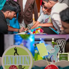 A collage from a cricket-themed party, showing kids engaged in themed games and activities.