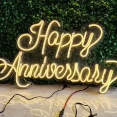 We have ready-to-rent neon signs for various occasions, like this 'Happy Anniversary' sign, which looks great against a green wall or any backdrop.