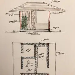 It all starts with a sketch. These are my initial hand-drawn elevation and plan for an outdoor structure, where I map out the layout, materials, and key features of the design.