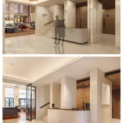 The reception desk at Elevate, shown from concept to completion. The finished product perfectly realizes the clean lines, fluted details, and minimalist elegance of the initial render.