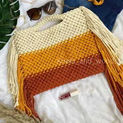 Say hello to the 'Sunshine' beach bag! ☀️ I created this design with warm, sunny days in mind, using a beautiful gradient of cream, yellow, and rust. The side fringe adds so much movement and fun. It also comes with a detachable chain strap for versatility.
