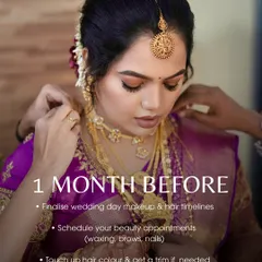 One month to go. Now is the time to finalize your wedding day timelines, schedule your main beauty appointments like waxing and nails, and get any final hair trims or color touch-ups.