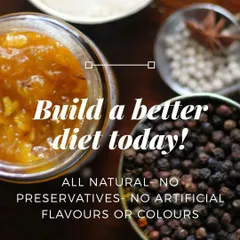 A close-up of our commitment to natural food. The image shows fresh spices and our pickle, representing our promise of a healthy, preservative-free diet.