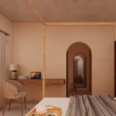 This bedroom features a simple floating desk and a woven chair, creating a functional workspace without cluttering the room. The arched doorway adds a soft architectural detail that is characteristic of my Japandi-inspired designs.