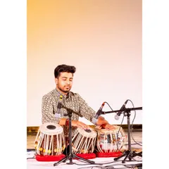 Another shot from the Triveni Kala Sangam concert, showing the setup for a traditional tabla solo performance.