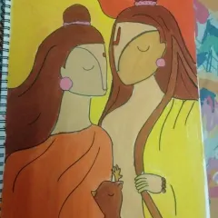 Siya, a 7th standard student, painted this beautiful image of Rama and Lakshmana in a modern style. She used watercolors on paper to create this touching portrait of the two brothers.